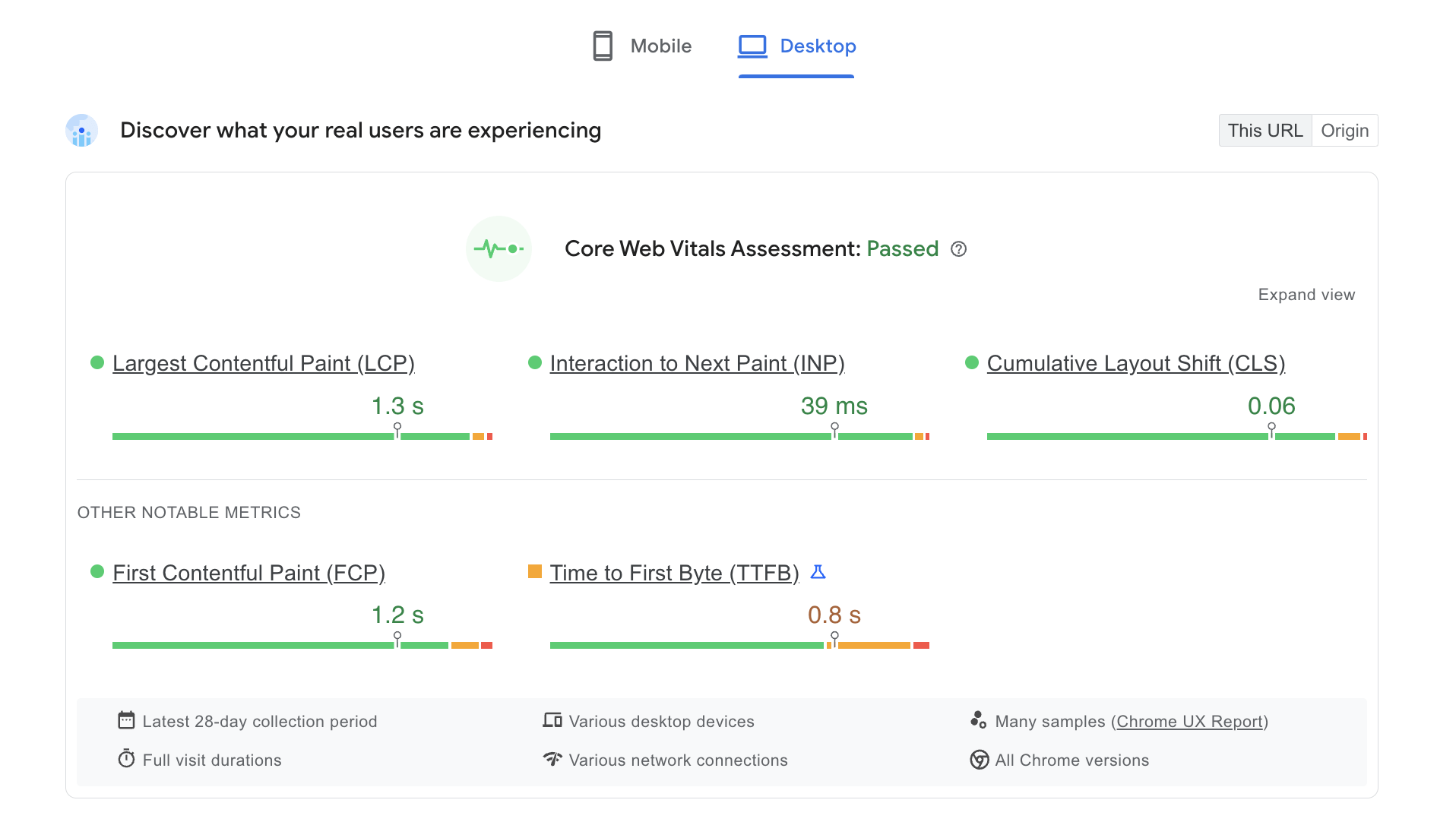 PSI Report Core Web Vitals assessment passed